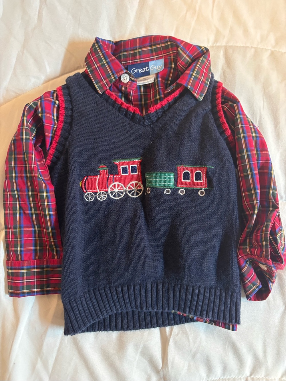 Great Guy Navy Train Sweater Vest with Red Plaid Button-Down Shirt holiday shirt